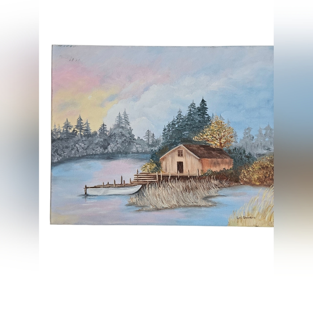 Serene Lakeside Cabin Art Print Fishermans Paradise Signed.